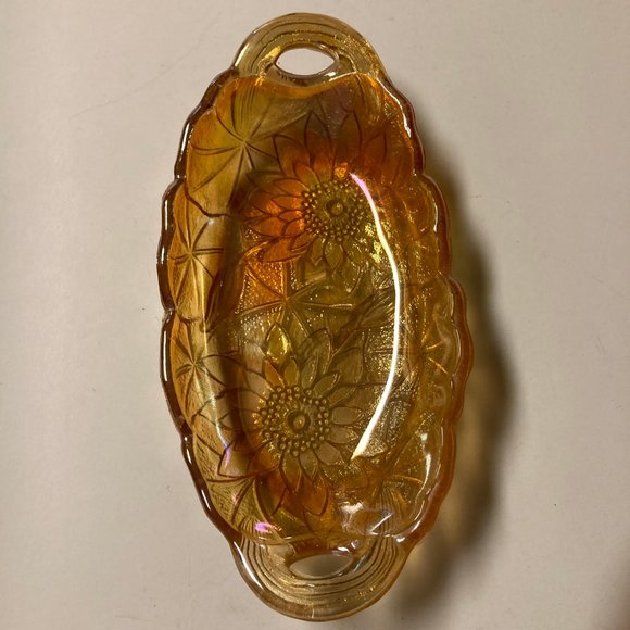 Vintage Carnival Glass Marigold/Sunflower Iridescent Oval Dish w/Handles - Picture 2 of 11